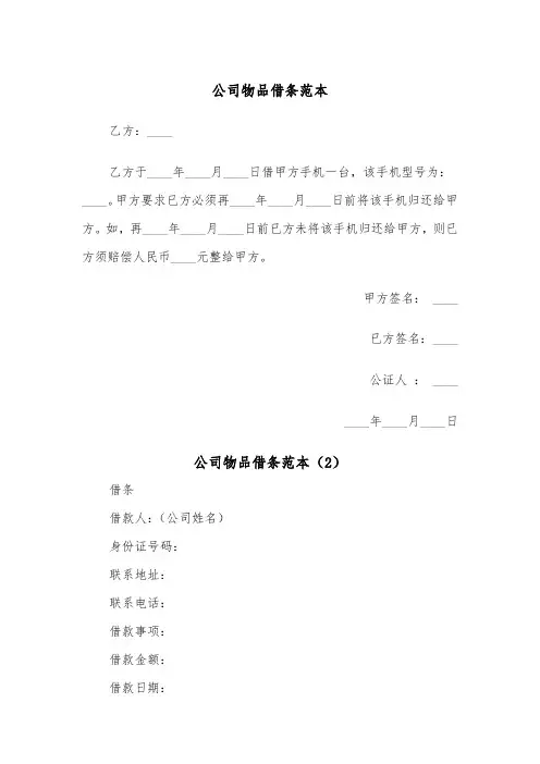公司物品借条范本（2篇）