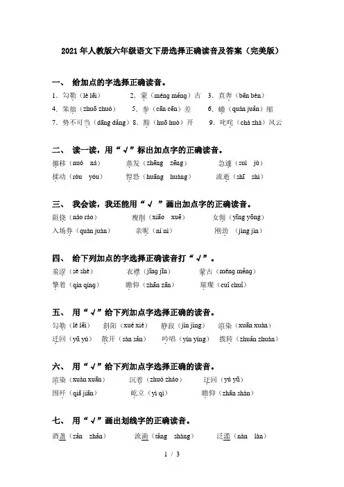 2021年人教版六年级语文下册选择正确读音及答案(完美版)