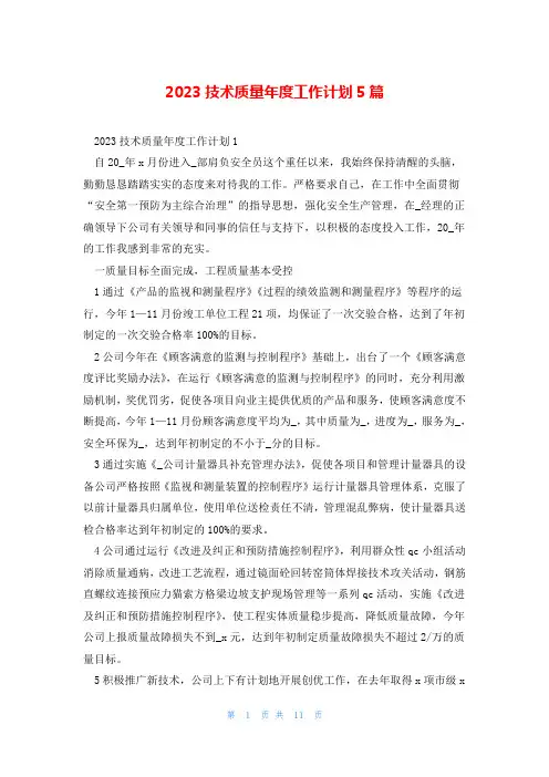 2023技术质量年度工作计划5篇