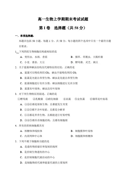 高一生物上学期期末考试试题及答案