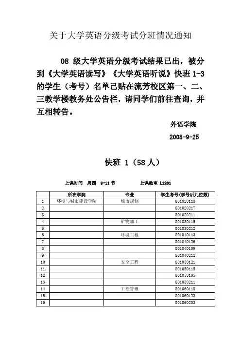 关于大学英语分级考试分班情况通知