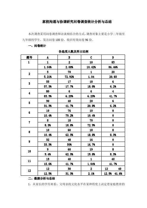 家校沟通与协调研究问卷调查统计分析与总结