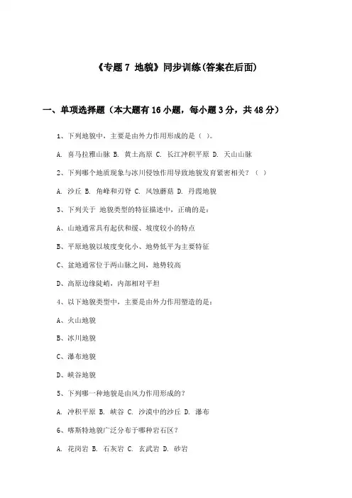 《专题7 地貌》(同步训练)高中地理第一册_中图版_2024-2025学年