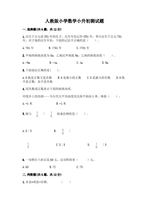 人教版小学数学小升初测试题加答案(培优A卷)附答案【完整版】
