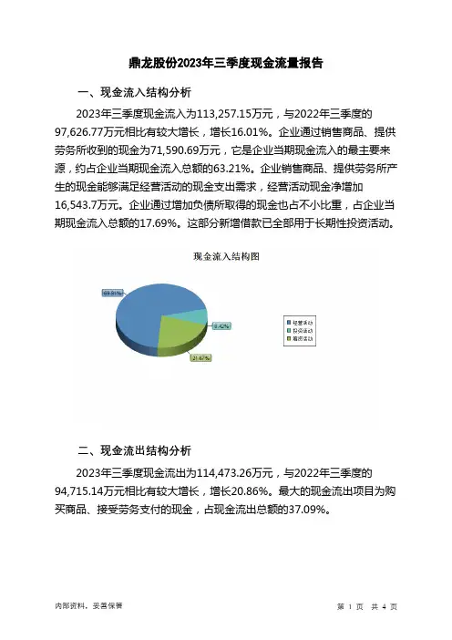 300054鼎龙股份2023年三季度现金流量报告