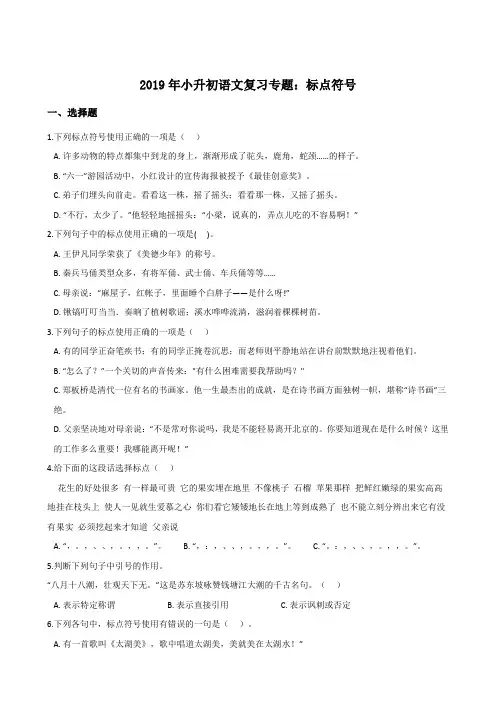 六年级下册试题--2019年小升初语文复习专题：标点符号全国通用版含答案