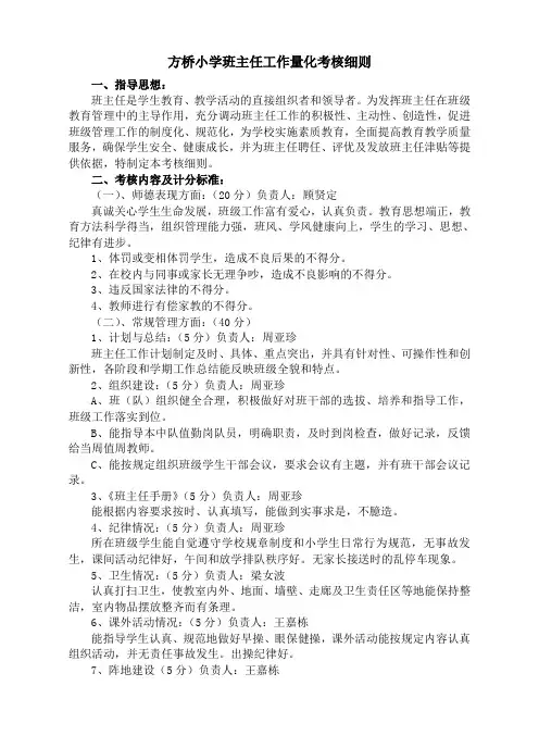 小学班主任工作量化考核细则