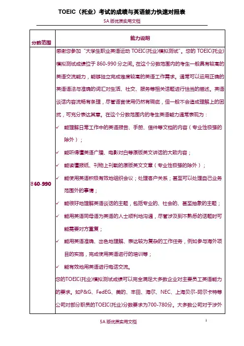 【7A文】TOEIC(托业)考试的成绩与英语能力快速对照表