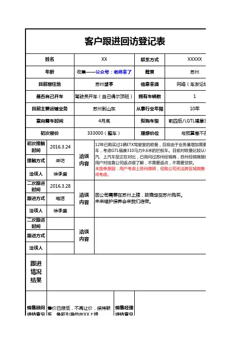 客户跟进回访登记表客户资料+洽谈内容+跟进进度