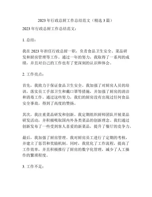 2023年行政总厨工作总结范文(精选3篇)
