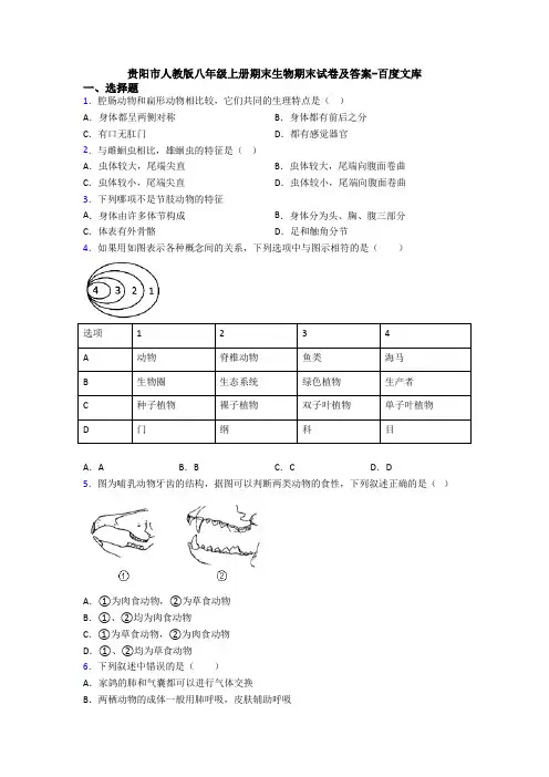 贵阳市人教版八年级上册期末生物期末试卷及答案-百度文库