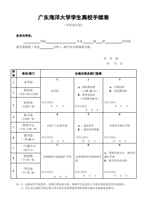 广东海洋大学学生离校手续表(中途退学用)