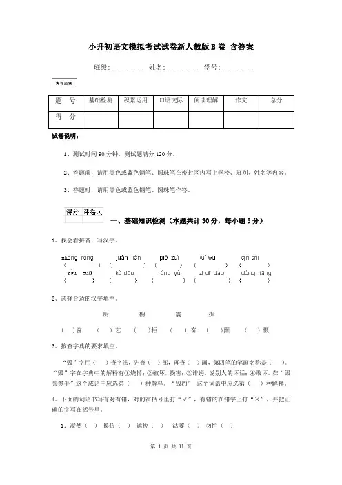 小升初语文模拟考试试卷新人教版B卷 含答案