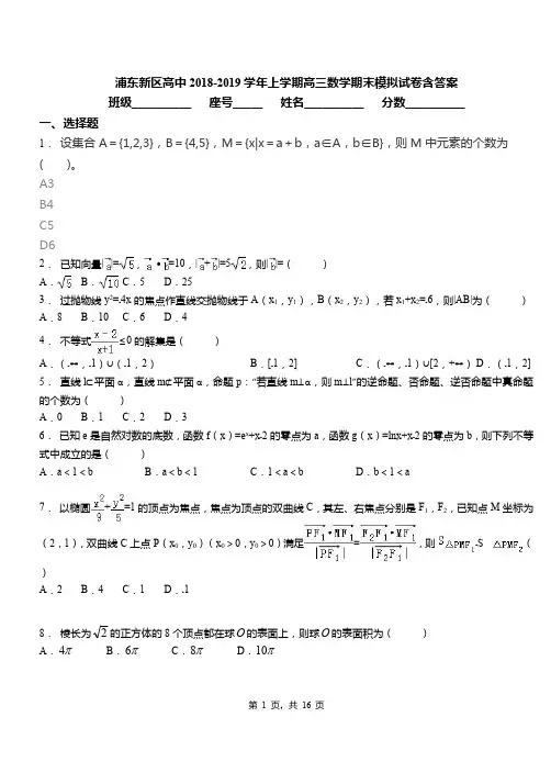 浦东新区高中2018-2019学年上学期高三数学期末模拟试卷含答案