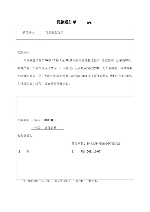 钢筋班组6 罚款通知单 1