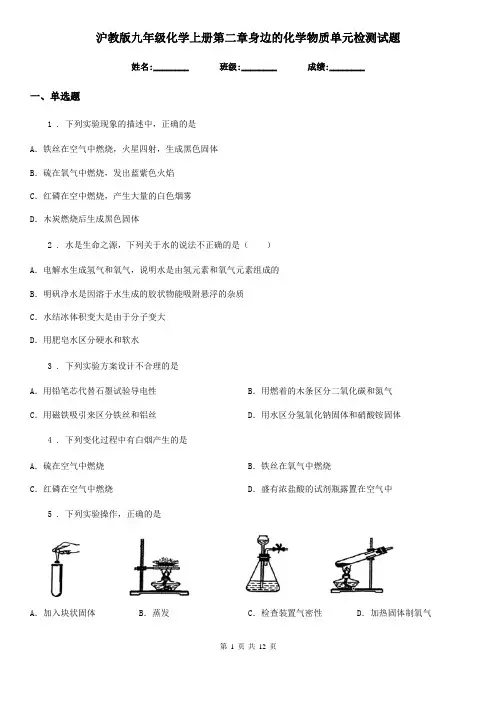 沪教版九年级化学上册第二章身边的化学物质单元检测试题
