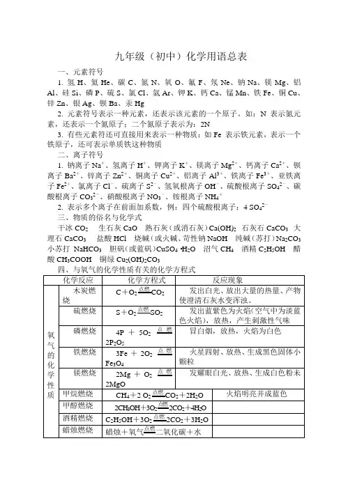 九年化学用语汇总