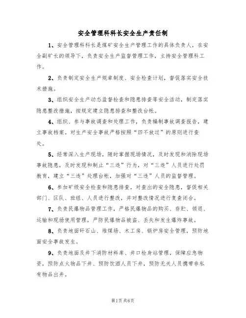 安全管理科科长安全生产责任制(5篇)
