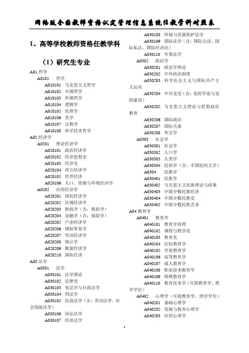 教师资格认定任教学科对照表