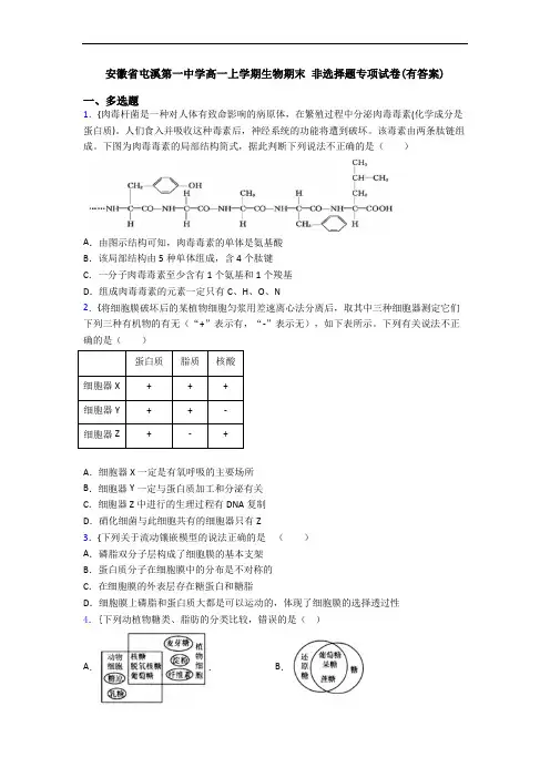 安徽省屯溪第一中学高一上学期生物期末 非选择题专项试卷(有答案)