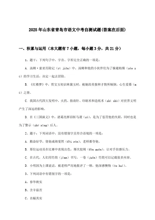 山东省青岛市语文中考试题及答案指导(2025年)