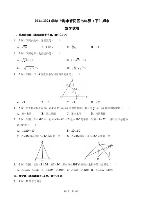 2023-2024学年上海市普陀区七年级(下)期末数学试卷及答案解析