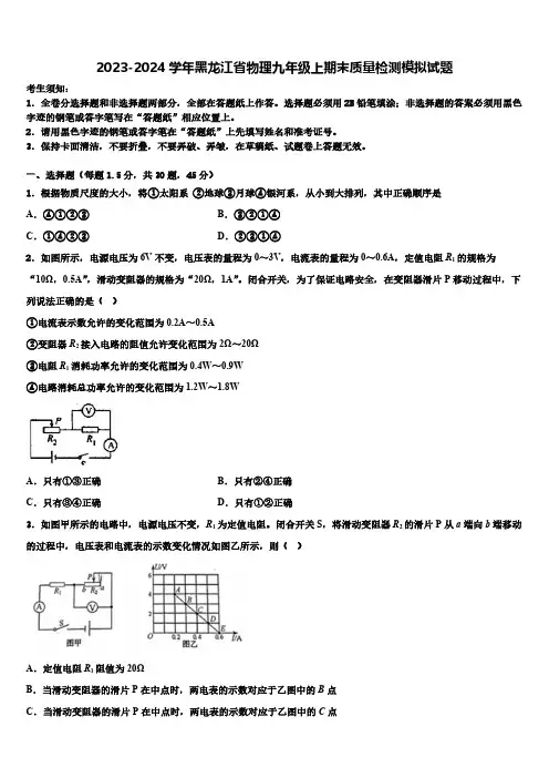 2023-2024学年黑龙江省物理九年级上期末质量检测模拟试题(含解析)