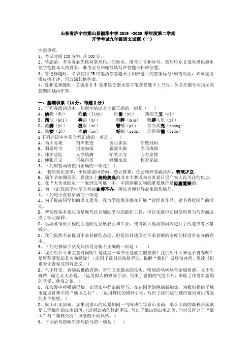 山东省济宁市梁山县韶华中学2019-2020学年度第二学期开学考试九年级语文试题(一)