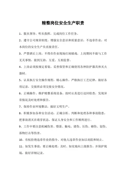 精整岗位安全生产职责