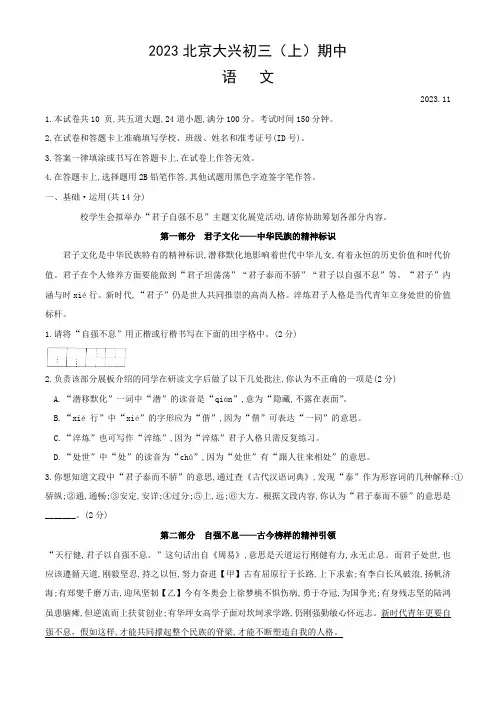 北京市大兴区2023-2024学年九年级上学期期中考试语文试题(含答案)