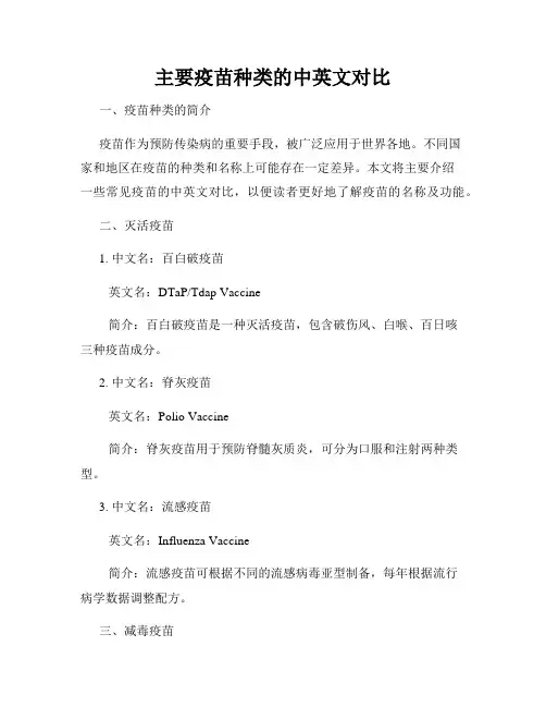 主要疫苗种类的中英文对比