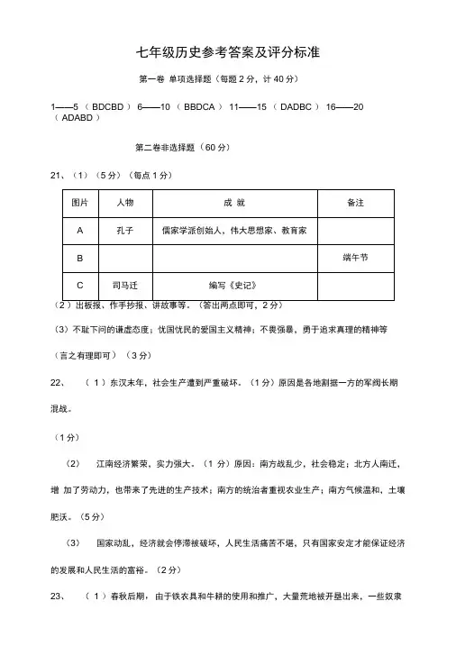 七年级历史参考答案及评分标准.doc