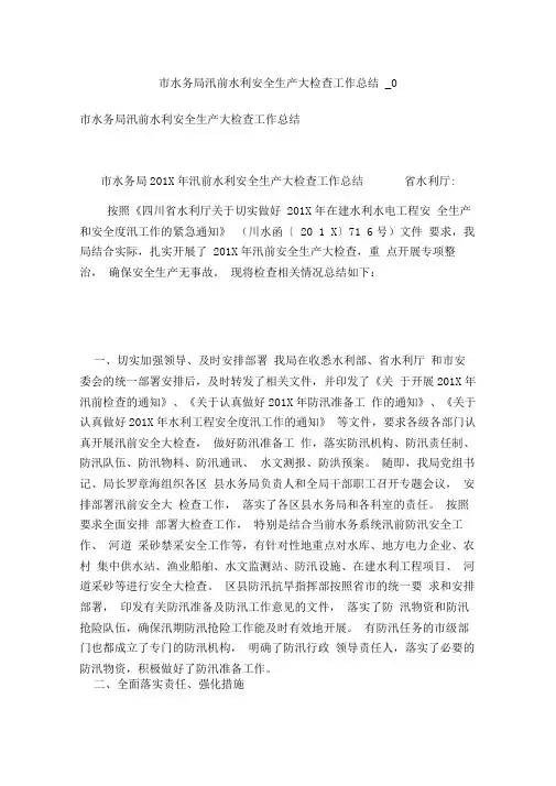 市水务局汛前水利安全生产大检查工作总结