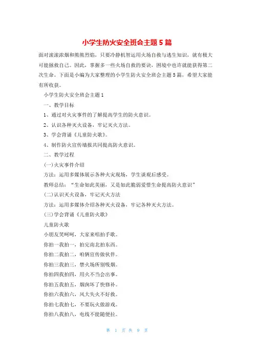 小学生防火安全班会主题5篇