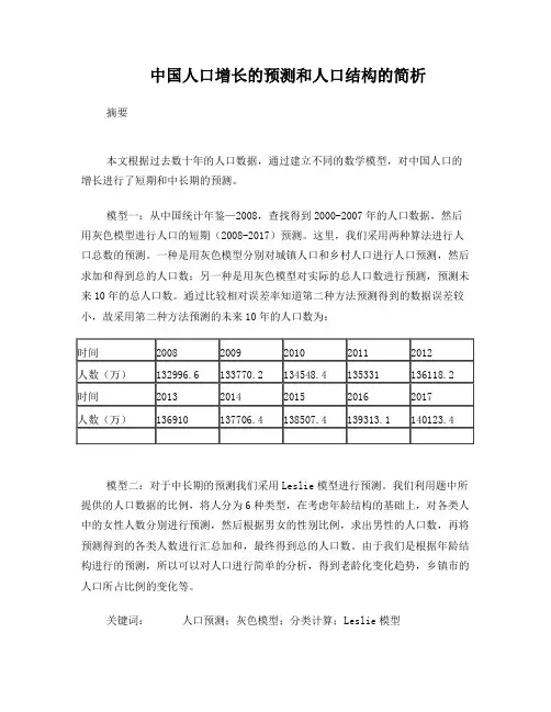 数学建模之中国人口增长的预测和人口结构的简析