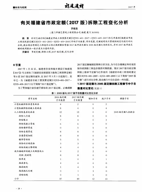 有关福建省市政定额(2017版)拆除工程变化分析