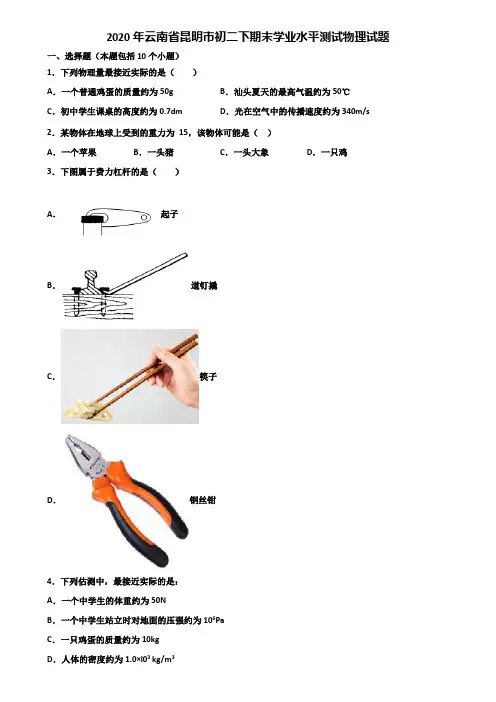 2020年云南省昆明市初二下期末学业水平测试物理试题含解析