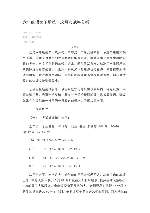 六年级语文下册第一次月考试卷分析