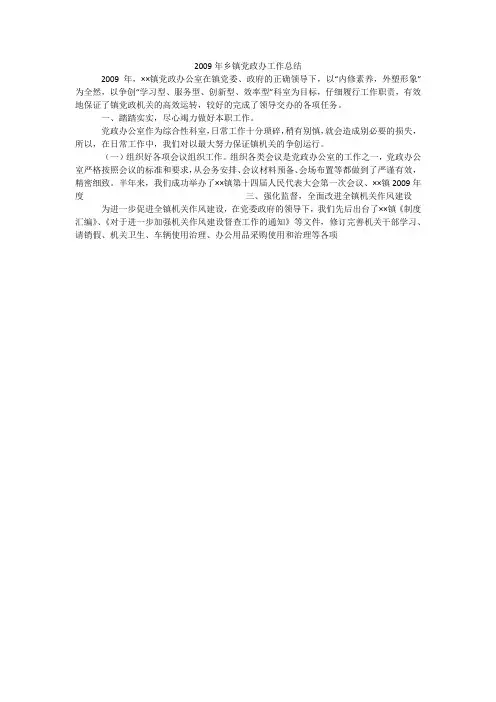 2009年乡镇党政办工作总结