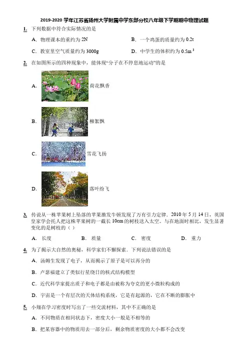 2019-2020学年江苏省扬州大学附属中学东部分校八年级下学期期中物理试题