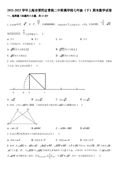 2021-2022学年上海市普陀区曹杨二中附属学校七年级下学期期末数学试卷 含详解