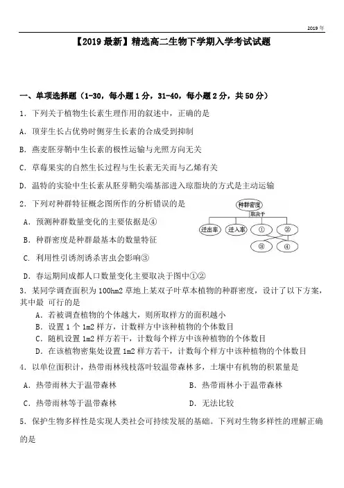 2020高二生物下学期入学考试试题