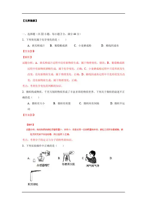 湖南常德2020中考化学综合模拟测试卷(含解析)