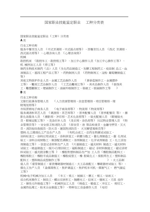国家职业技能鉴定职业工种分类表