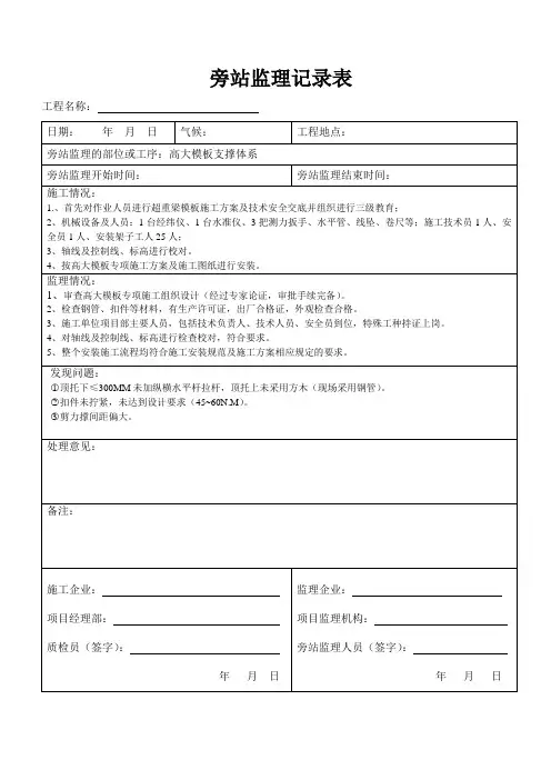 高大模板、土方回填旁站监理记录表(示范稿)[1]