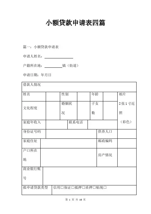 小额贷款申请表四篇