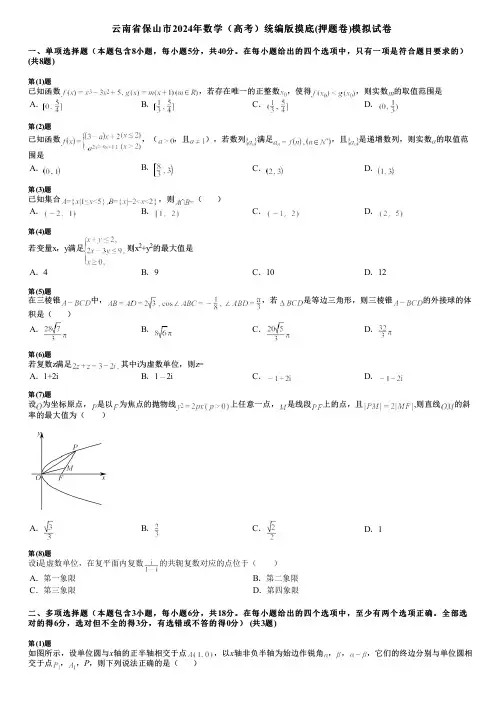 云南省保山市2024年数学(高考)统编版摸底(押题卷)模拟试卷