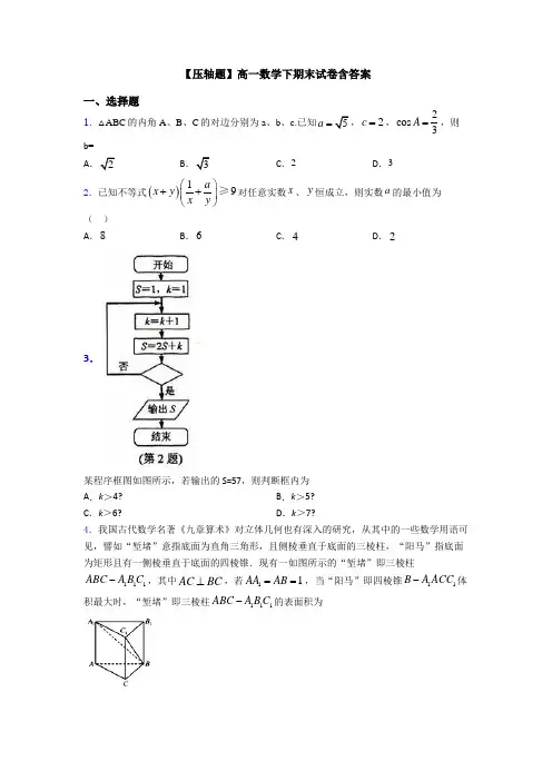 【压轴题】高一数学下期末试卷含答案