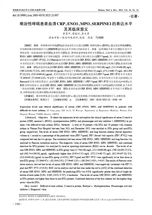 难治性哮喘患者血清CRP、ENO1、MPO、SERPINE1_的表达水平及其临床意义