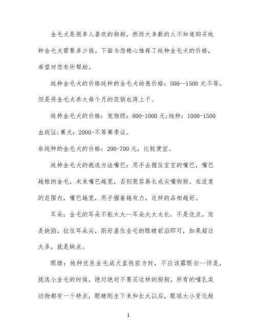 纯种金毛犬的价格是多少钱一只